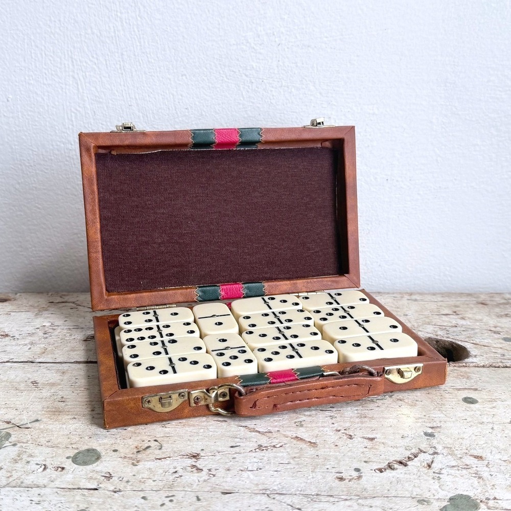 Vintage Travel Dominoes Set Brown Faux Leather Case Racing Stripe Tiles